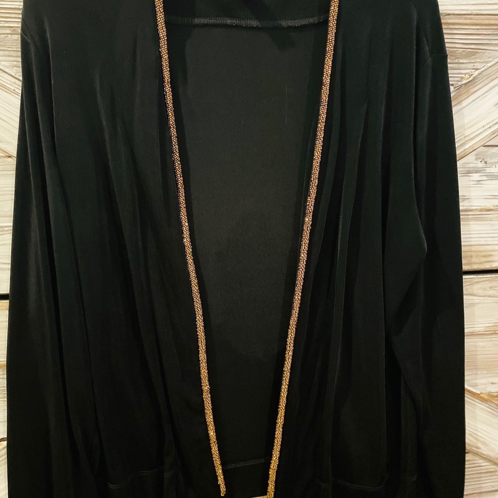 Chico’s travelers black gold beaded cardigan.